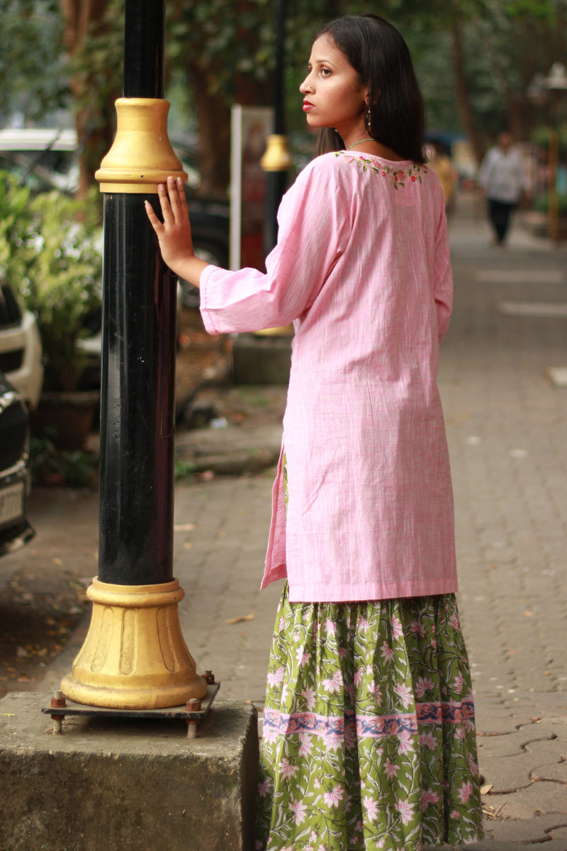 Zoya | Sharara Kurta Co-ord Set| Green & Pink Sanganeri