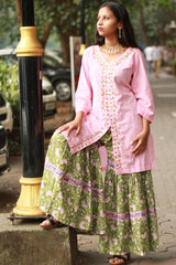 Zoya | Sharara Kurta Co-ord Set| Green & Pink Sanganeri