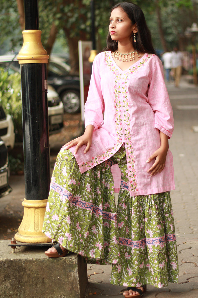Zoya | Sharara Kurta Co-ord Set| Green & Pink Sanganeri