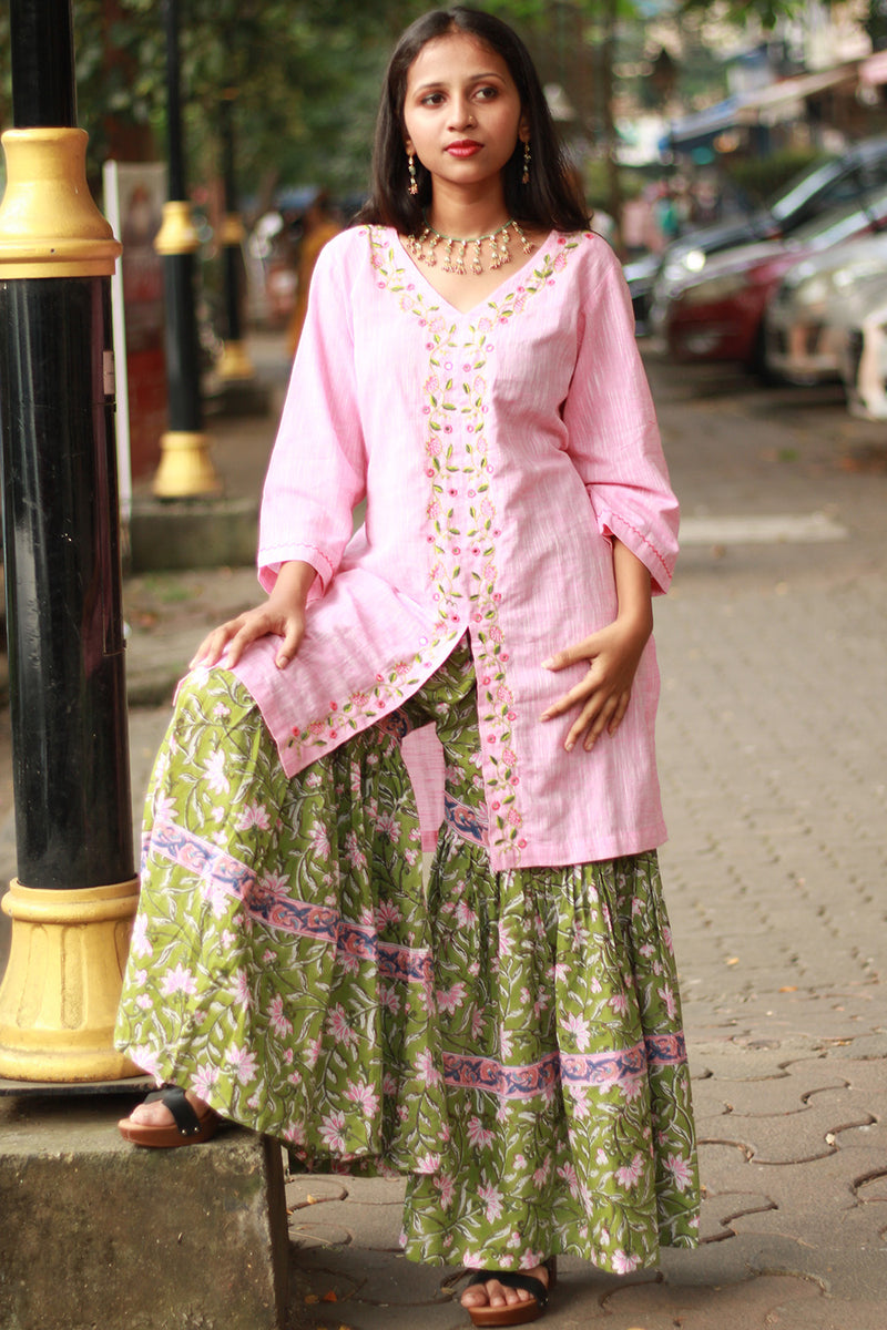 Zoya | Sharara Kurta Co-ord Set| Green & Pink Sanganeri