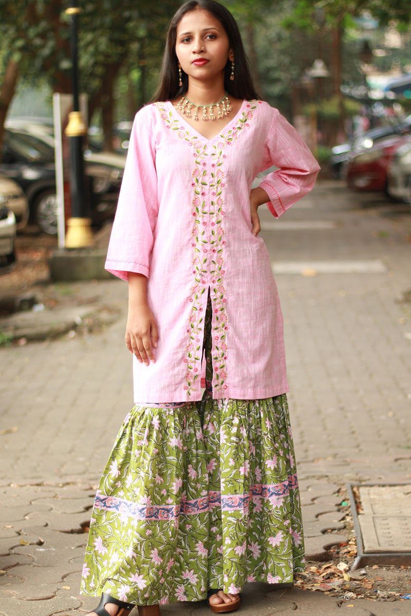 Zoya | Sharara Kurta Co-ord Set| Green & Pink Sanganeri