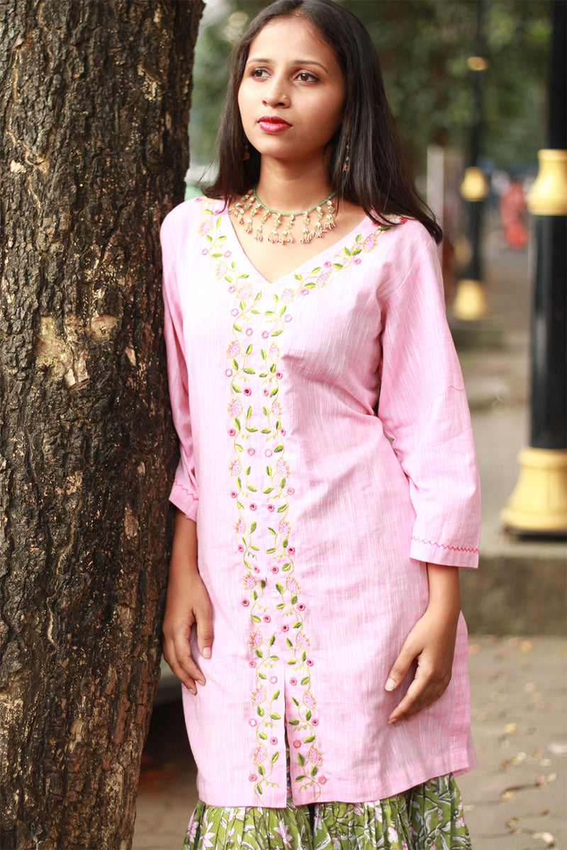 Zoya | Sharara Kurta Co-ord Set| Green & Pink Sanganeri