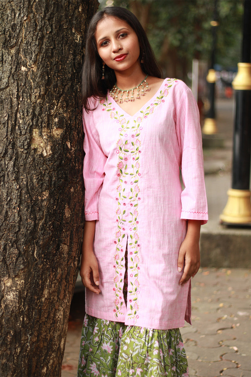 Zoya | Sharara Kurta Co-ord Set| Green & Pink Sanganeri