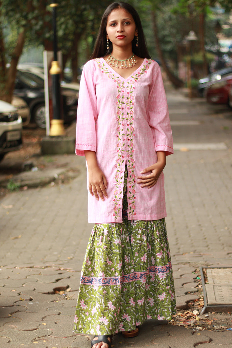 Zoya | Sharara Kurta Co-ord Set| Green & Pink Sanganeri