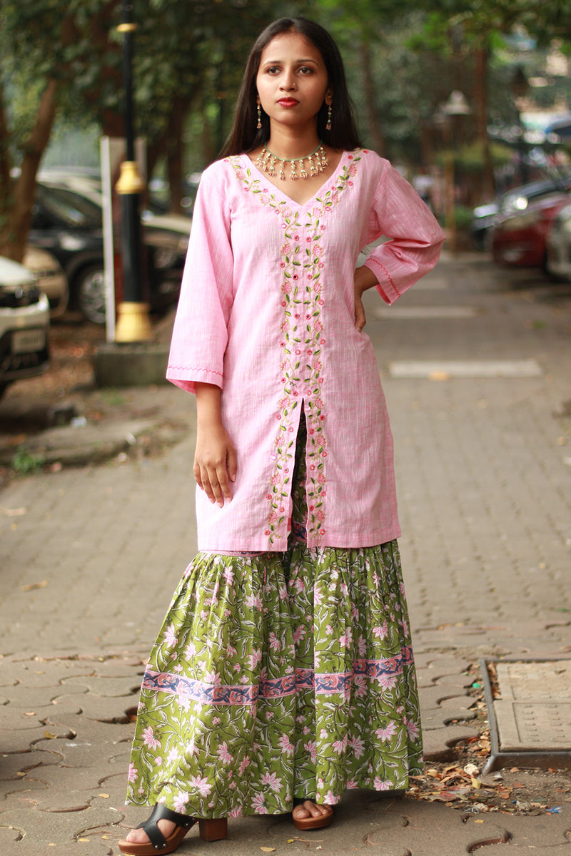 Zoya | Sharara Kurta Co-ord Set| Green & Pink Sanganeri