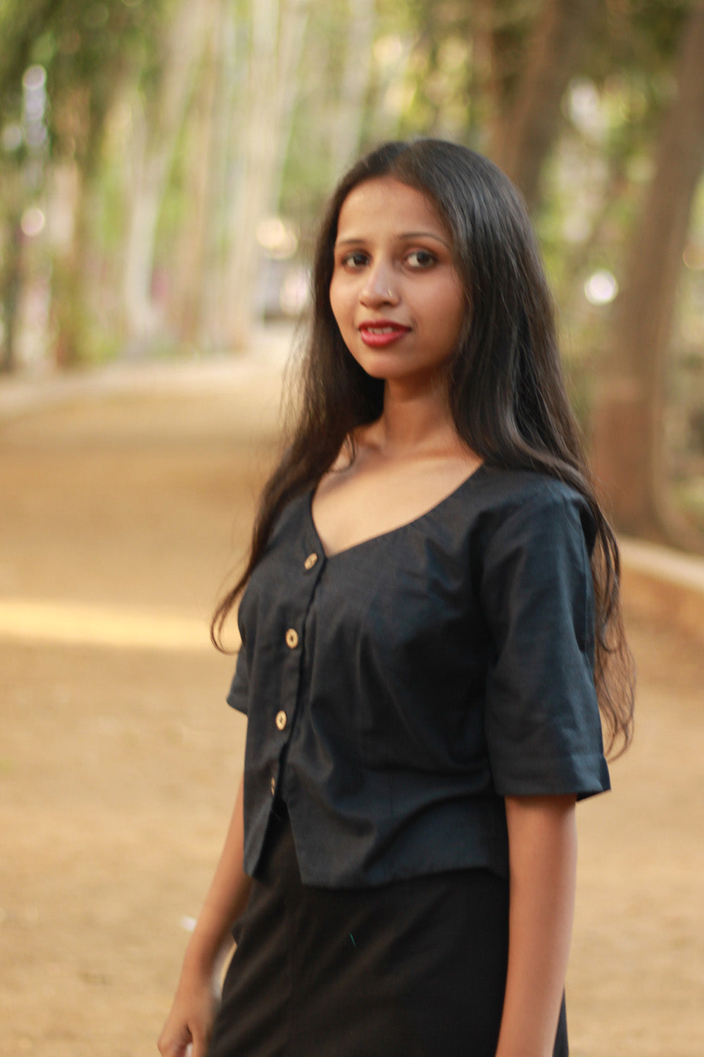 Cropped Shirt-Blouse | Cotton | Ink Blue