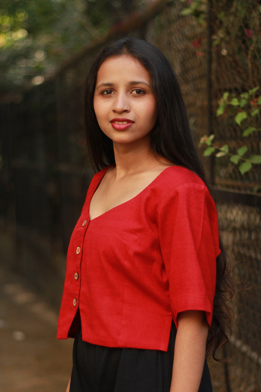 Cropped Shirt-Blouse | Cotton | Crimson