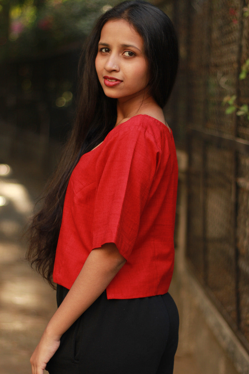 Cropped Shirt-Blouse | Cotton | Crimson