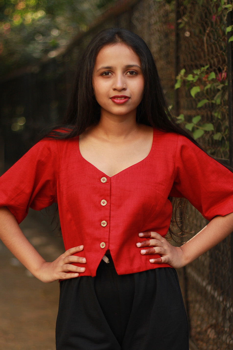 Cropped Shirt-Blouse | Cotton | Crimson
