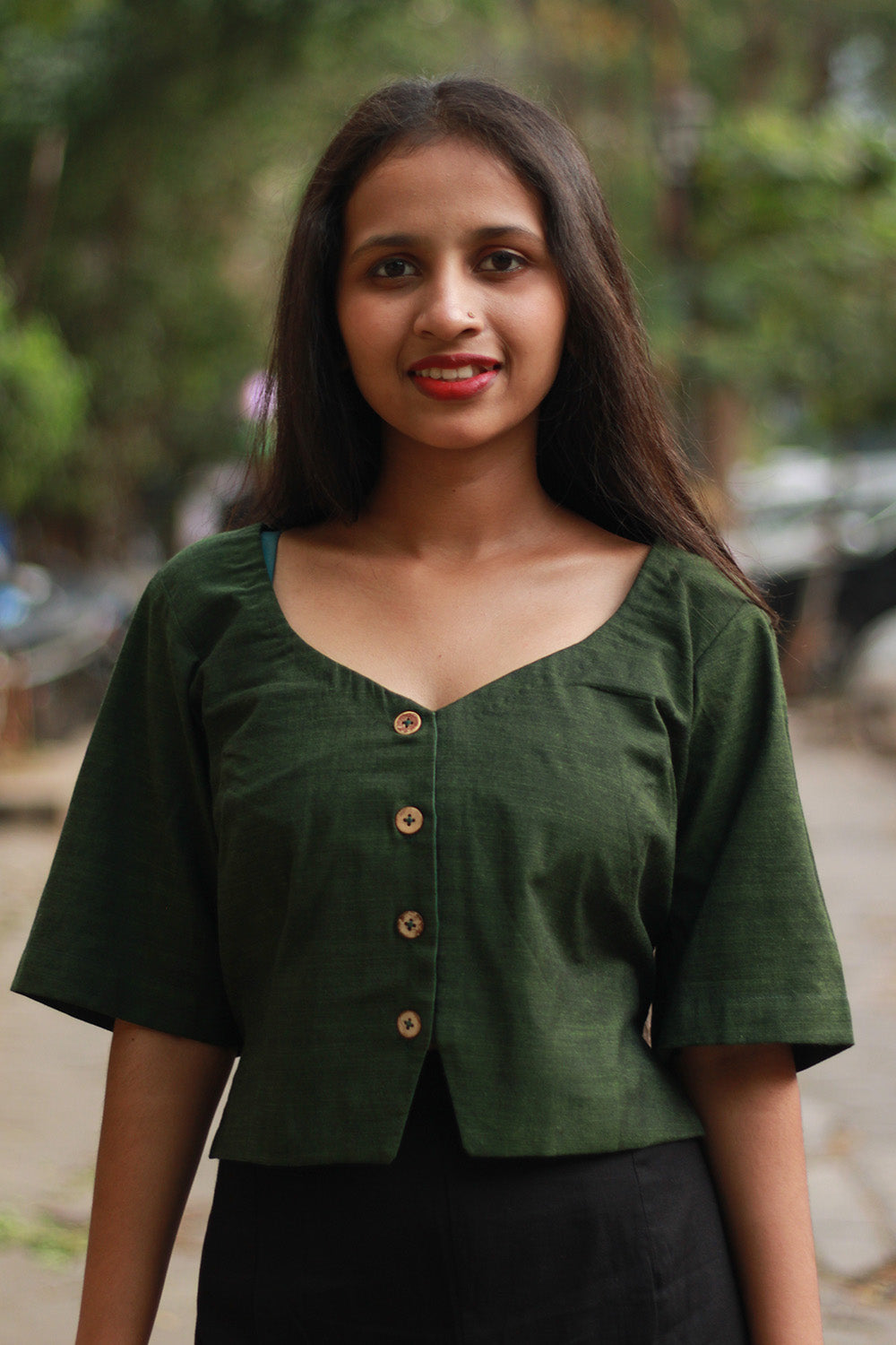 Cropped Shirt-Blouse | Cotton | Forest Green