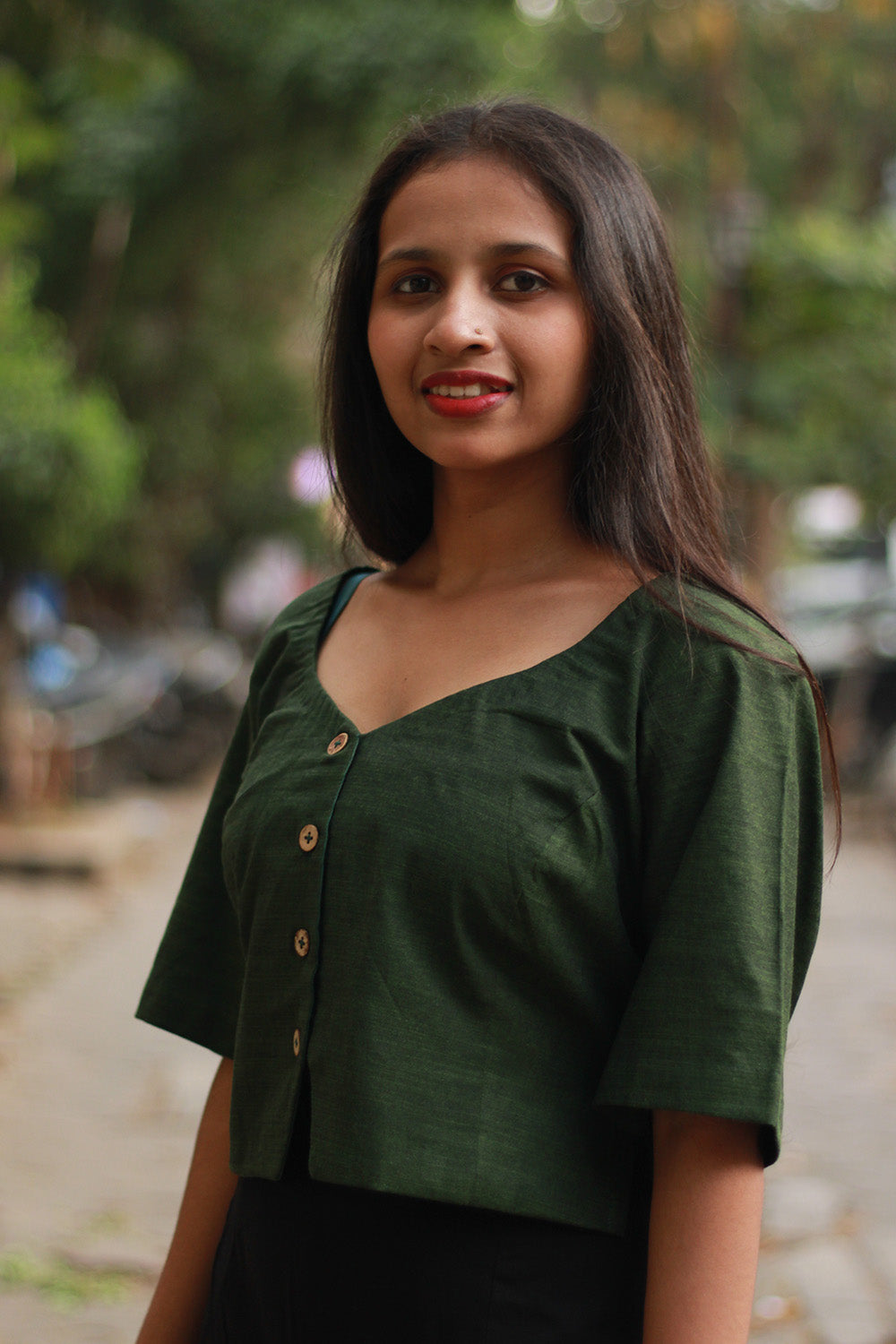 Cropped Shirt-Blouse | Cotton | Forest Green
