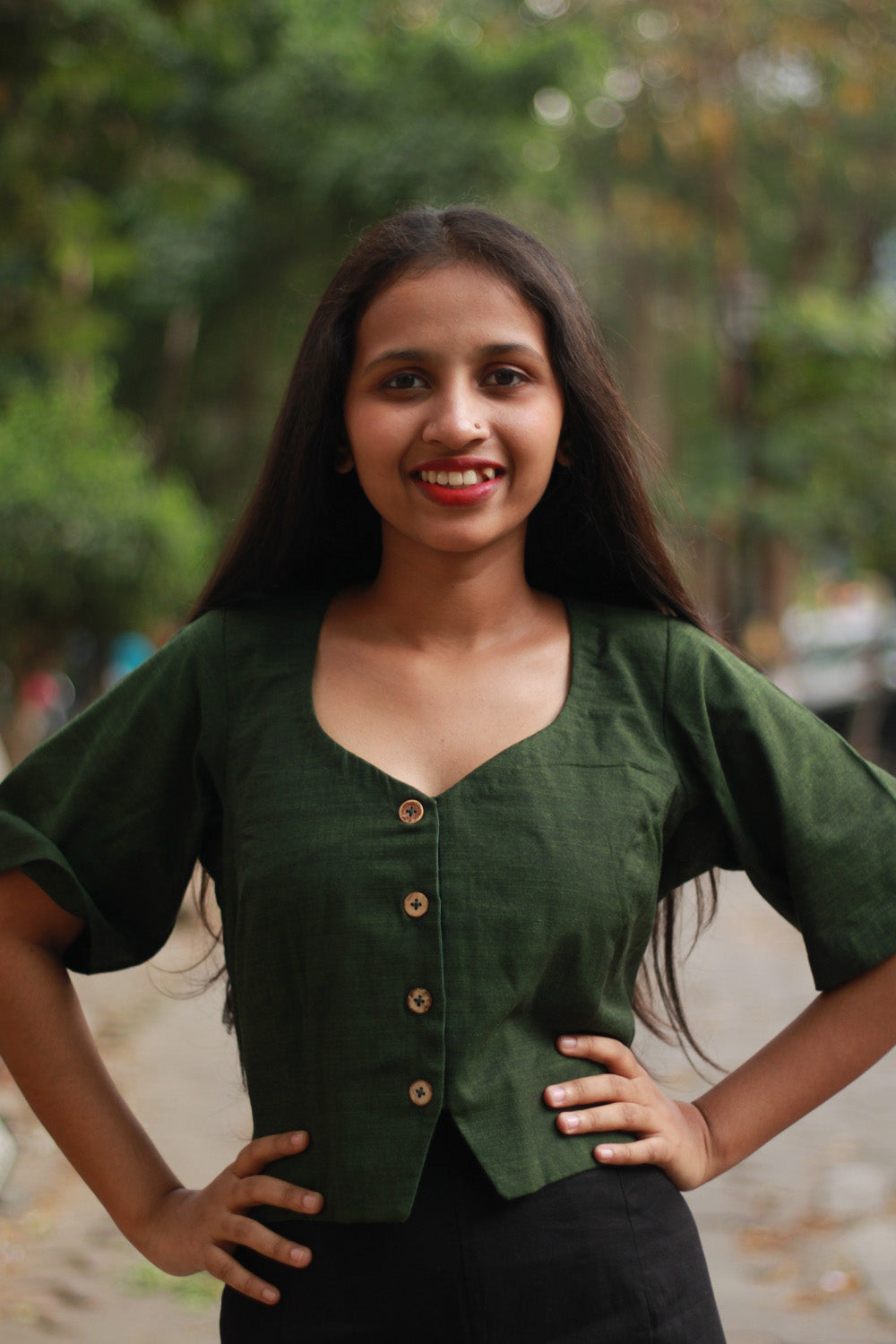 Cropped Shirt-Blouse | Cotton | Forest Green