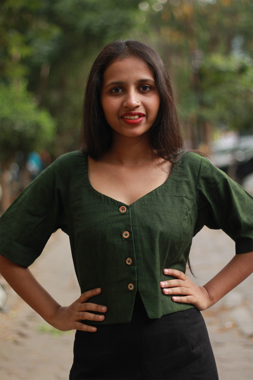 Cropped Shirt-Blouse | Cotton | Forest Green