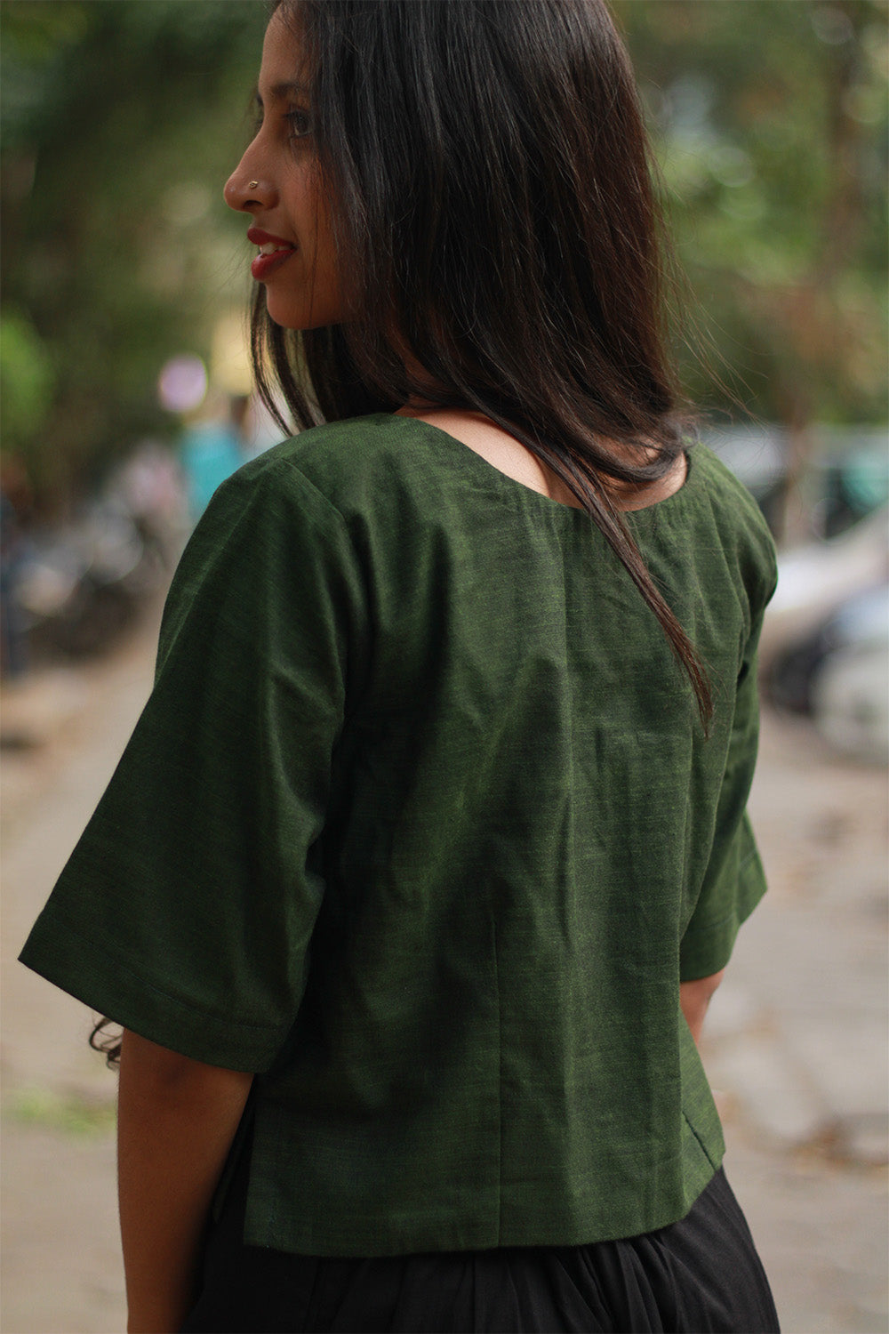 Cropped Shirt-Blouse | Cotton | Forest Green
