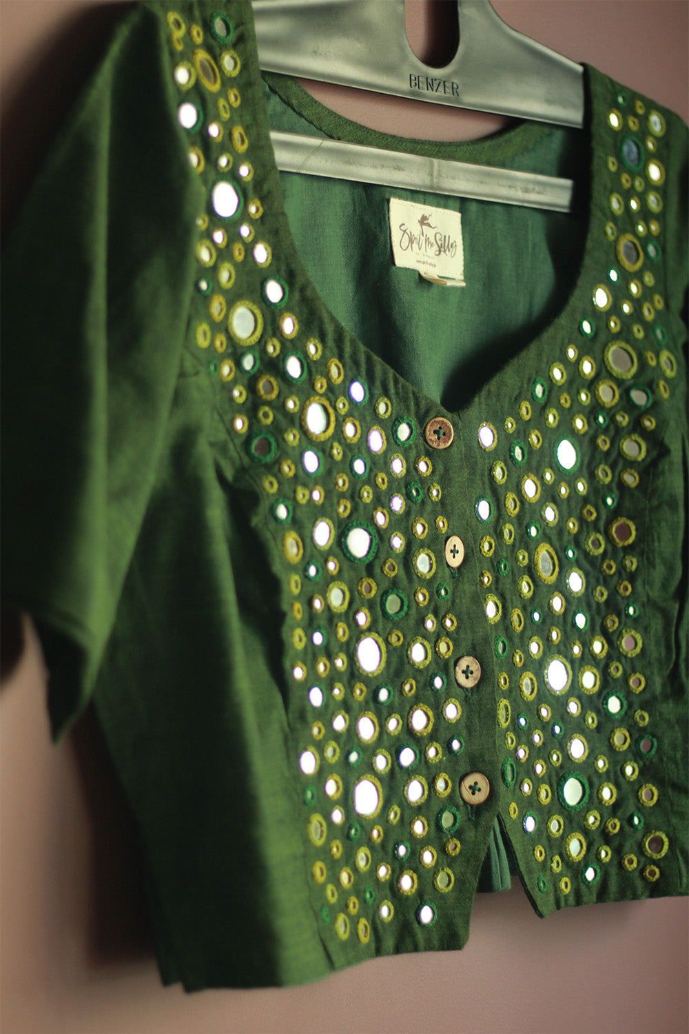 Gor Banjara | Embroidered Cropped Shirt-Blouse | Forest Green