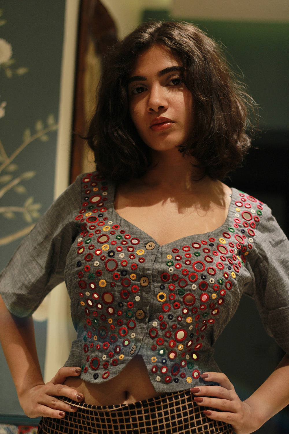 Gor Banjara | Embroidered Cropped Shirt-Blouse | Grey