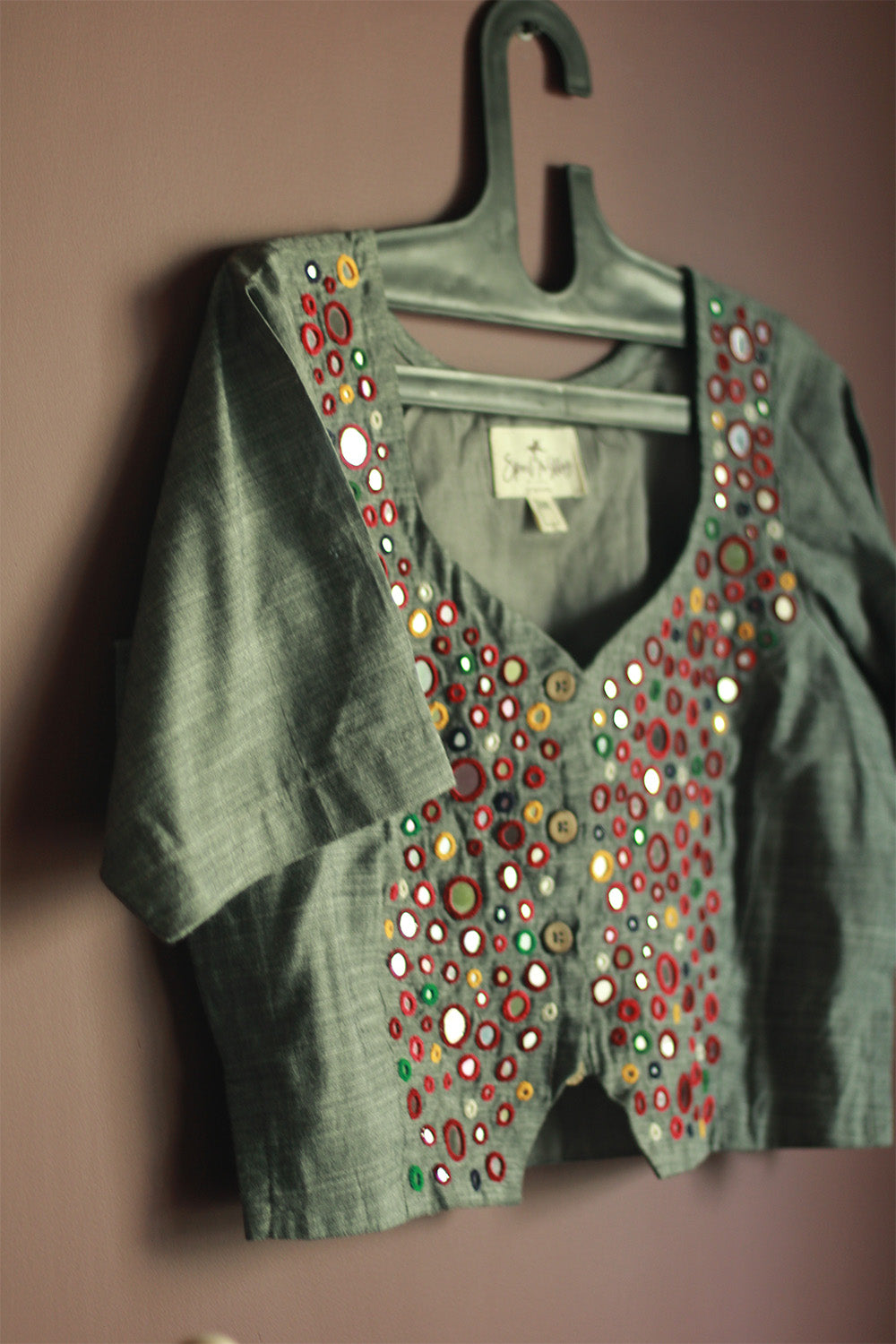 Gor Banjara | Embroidered Cropped Shirt-Blouse | Grey