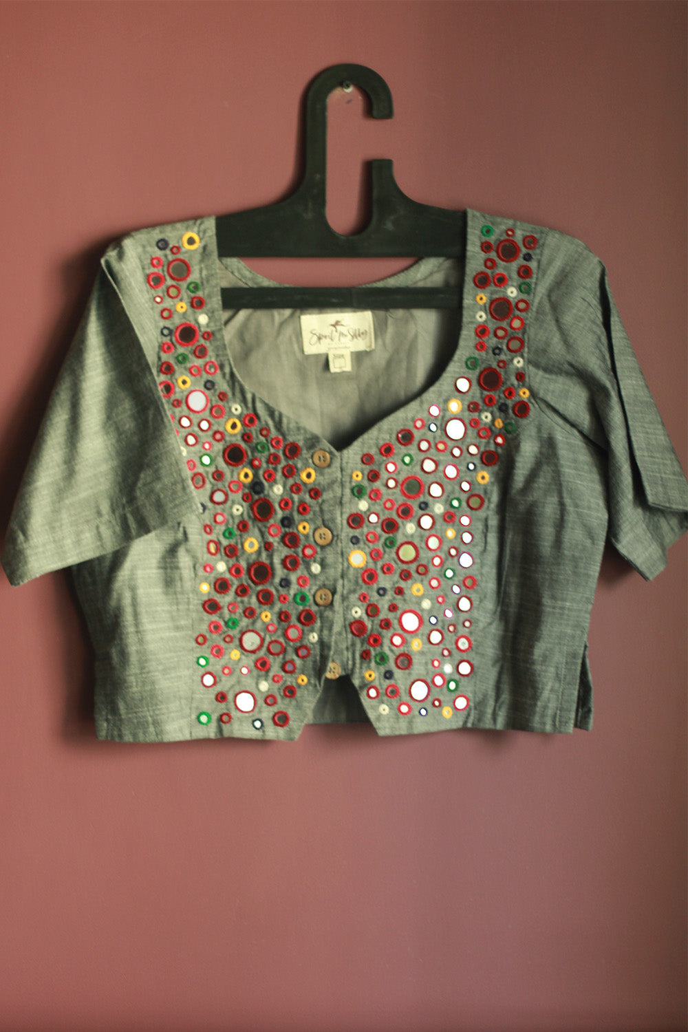 Gor Banjara | Embroidered Cropped Shirt-Blouse | Grey