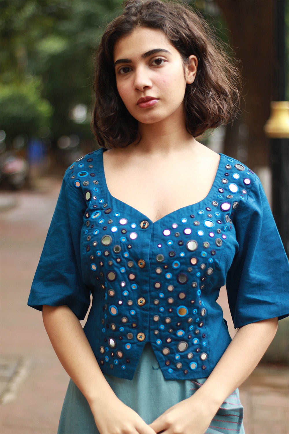 Gor Banjara | Embroidered Cropped Shirt-Blouse | Cobalt Blue