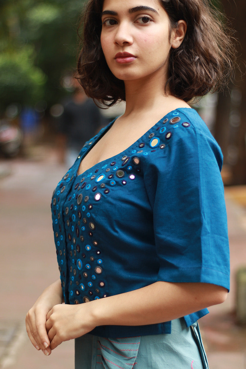 Gor Banjara | Embroidered Cropped Shirt-Blouse | Cobalt Blue