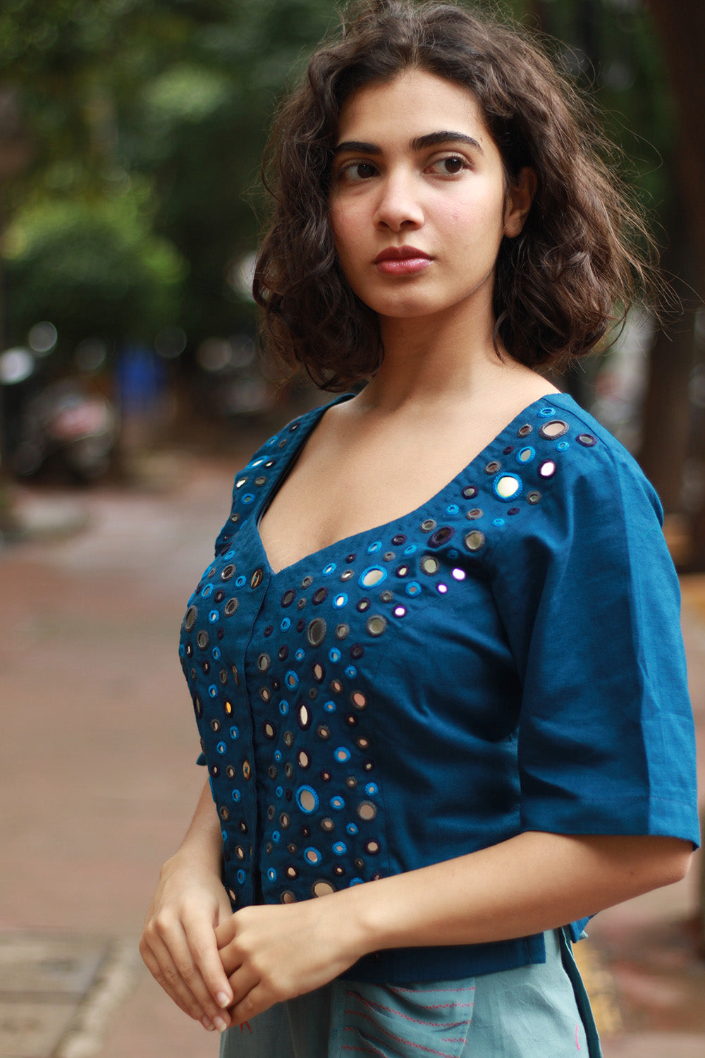 Gor Banjara | Embroidered Cropped Shirt-Blouse | Cobalt Blue