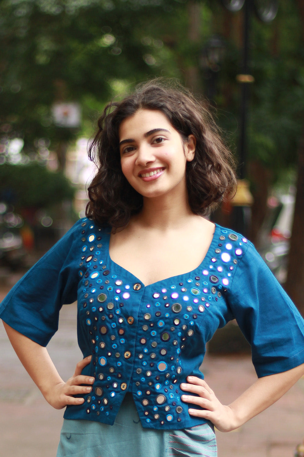 Gor Banjara | Embroidered Cropped Shirt-Blouse | Cobalt Blue