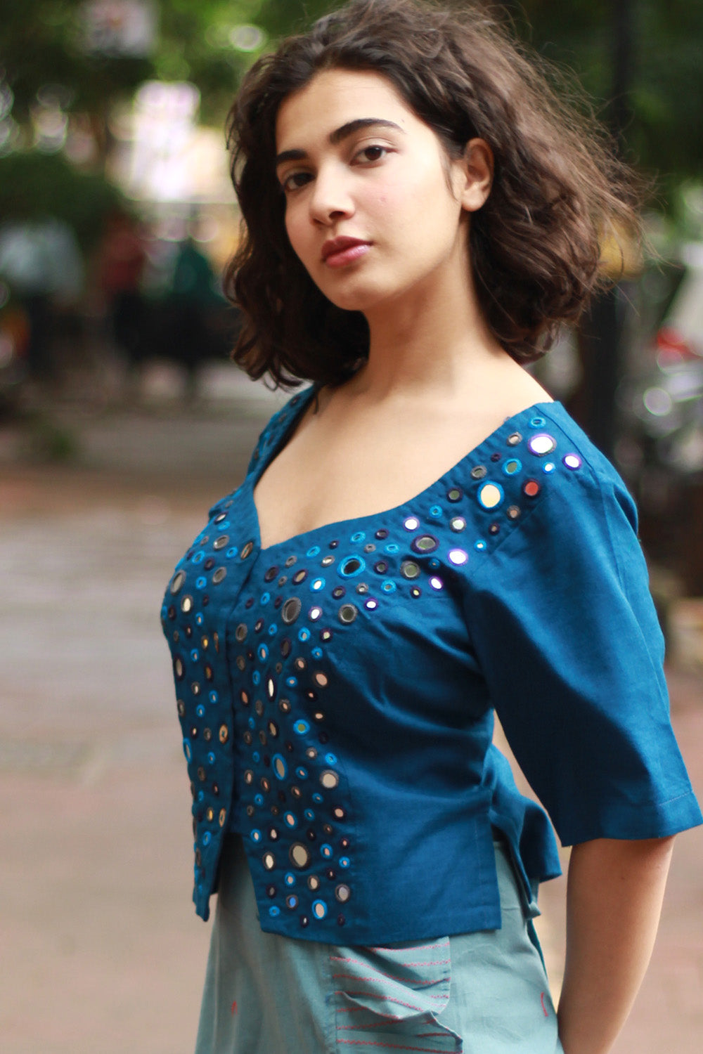 Gor Banjara | Embroidered Cropped Shirt-Blouse | Cobalt Blue