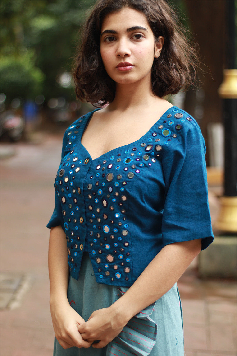 Gor Banjara | Embroidered Cropped Shirt-Blouse | Cobalt Blue