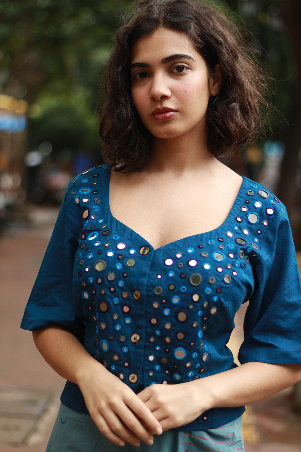 Gor Banjara | Embroidered Cropped Shirt-Blouse | Cobalt Blue