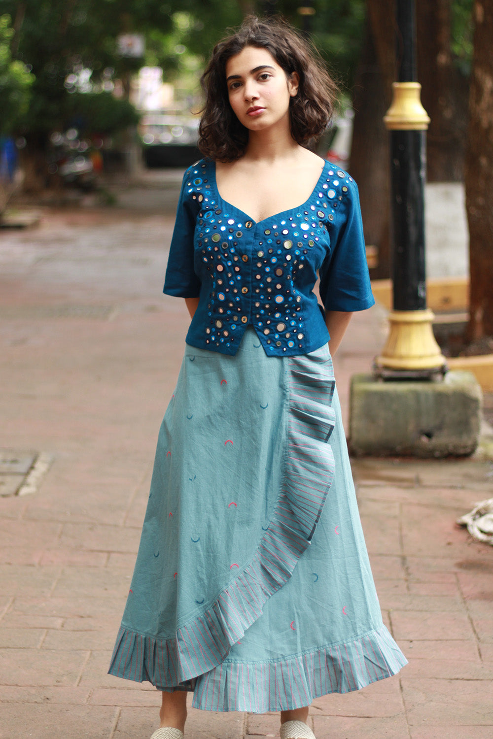 Gor Banjara | Embroidered Cropped Shirt-Blouse | Cobalt Blue