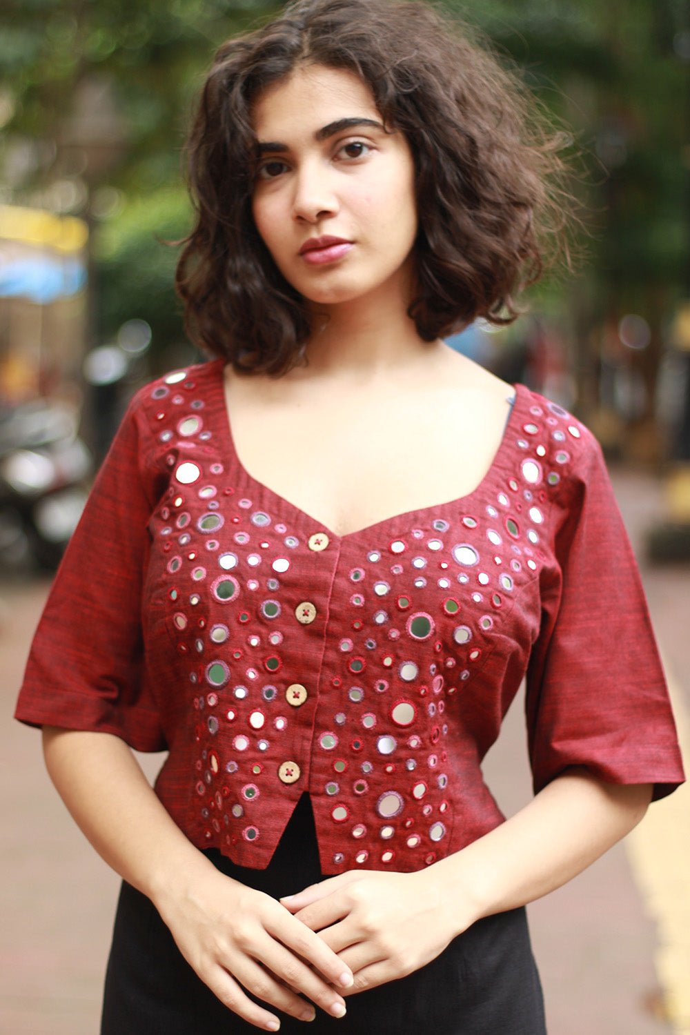 Gor Banjara | Embroidered Cropped Shirt-Blouse | Maroon