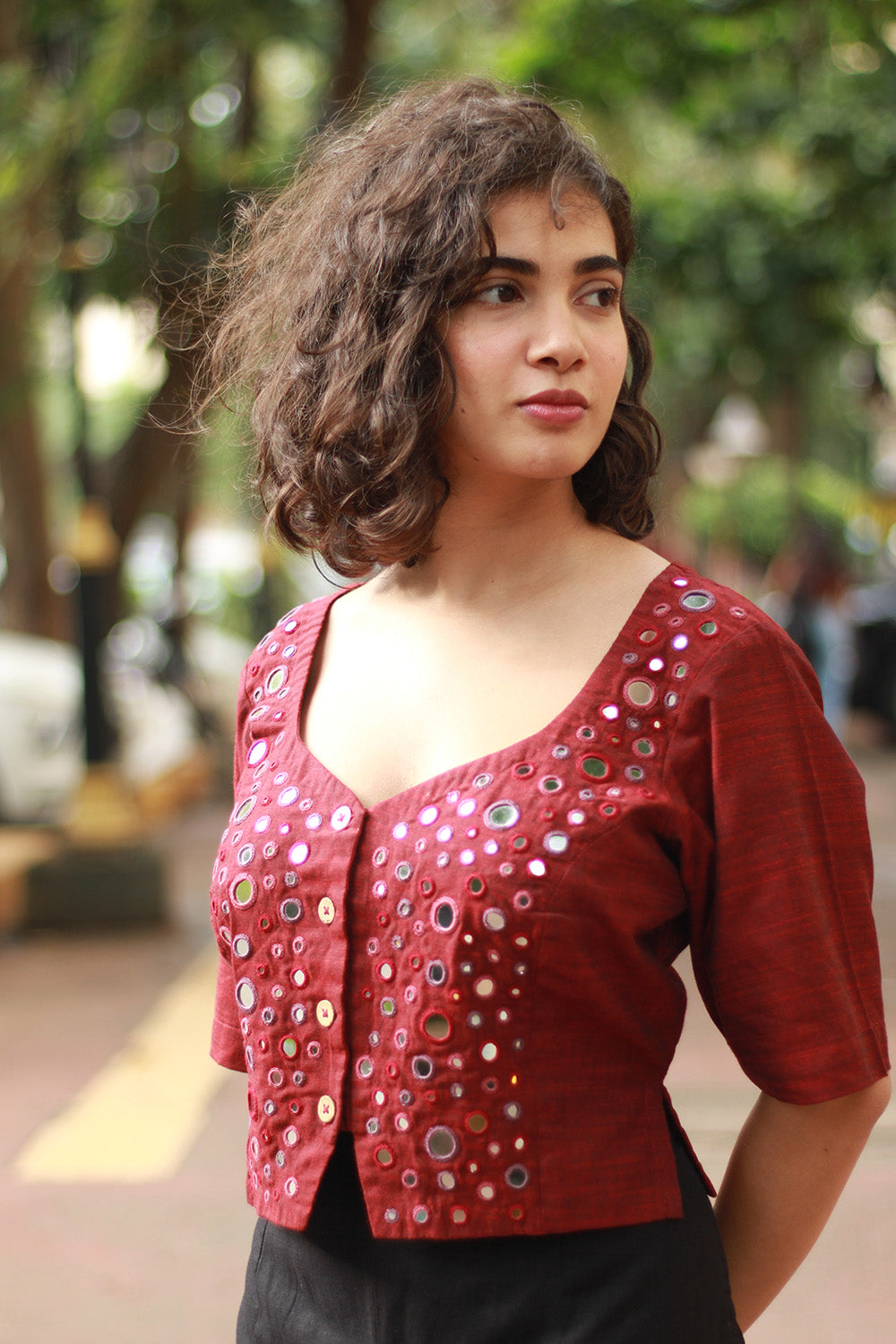 Gor Banjara | Embroidered Cropped Shirt-Blouse | Maroon