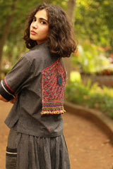 Cropped Shirt-Blouse With Mirrorwork | Noir Checks