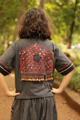 Cropped Shirt-Blouse With Mirrorwork | Noir Checks