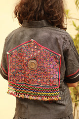 Cropped Shirt-Blouse With Mirrorwork | Noir Checks
