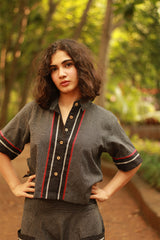 Cropped Shirt-Blouse With Mirrorwork | Noir Checks
