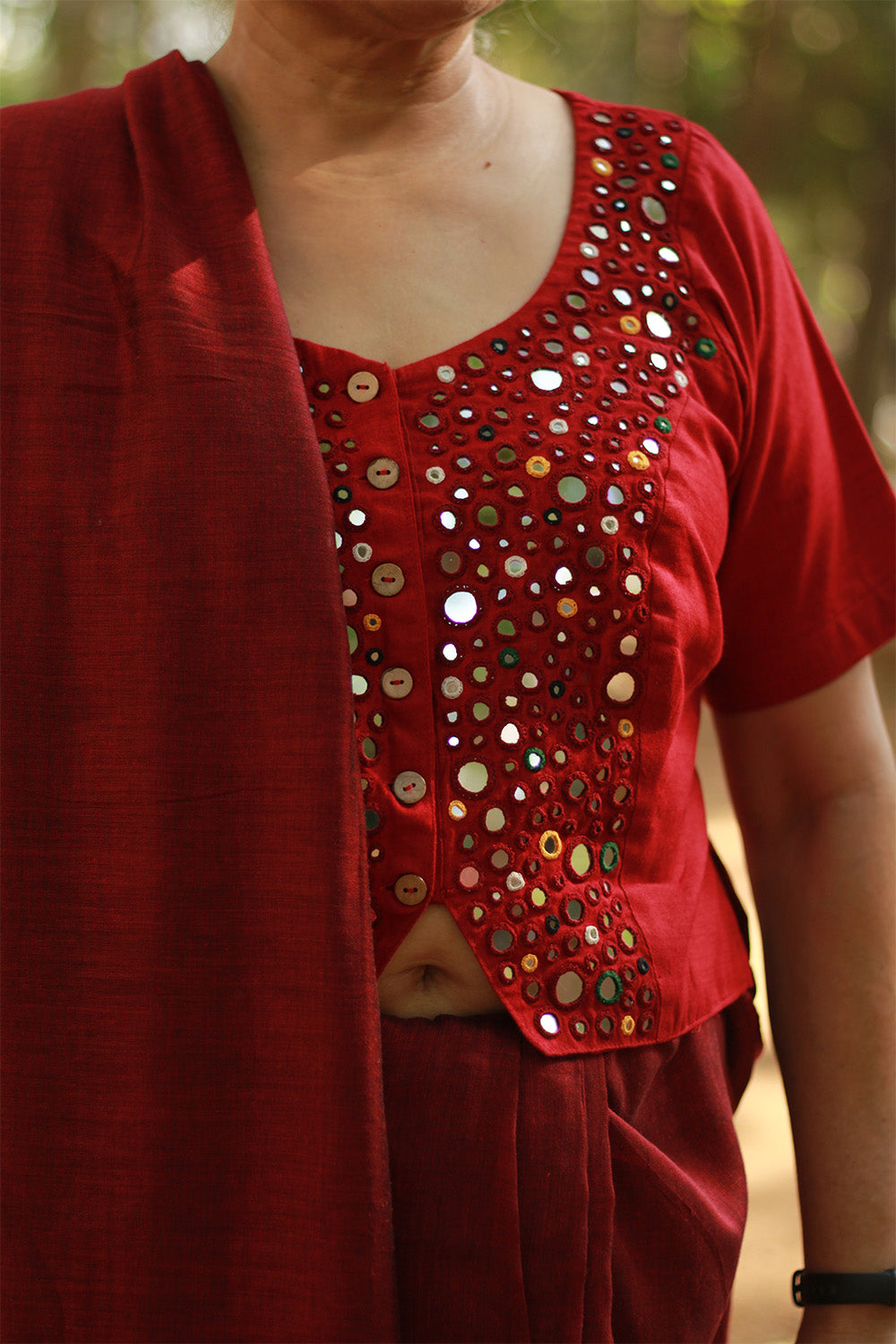 Gor Banjara | Embroidered Cropped Shirt-Blouse | Crimson