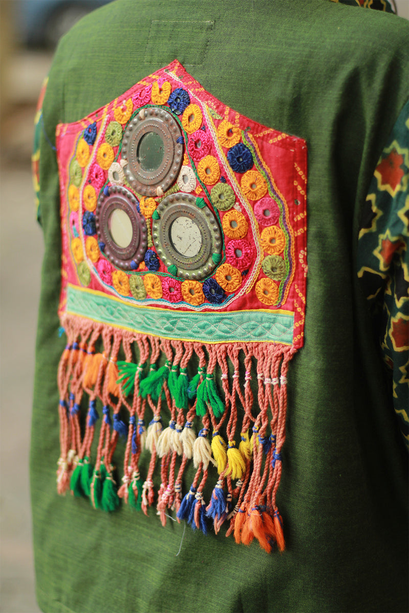 Cropped Shirt /  Blouse with Mirrorwork | Green
