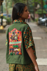 Cropped Shirt /  Blouse with Mirrorwork | Green