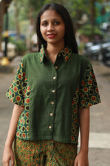 Cropped Shirt /  Blouse with Mirrorwork | Green