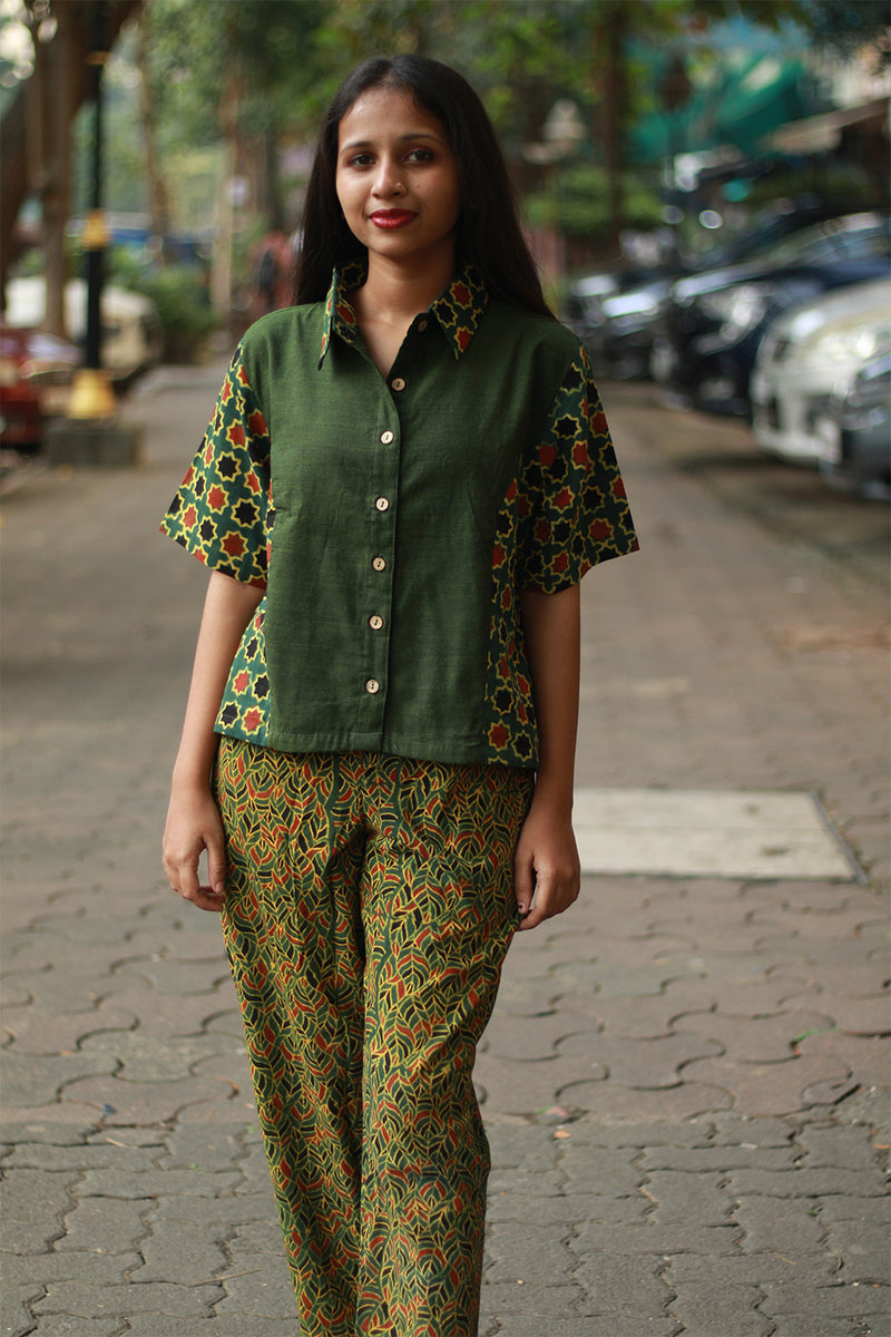 Cropped Shirt /  Blouse with Mirrorwork | Green