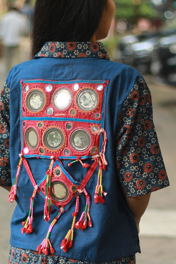 Cropped Shirt /  Blouse with Mirrorwork | Blue