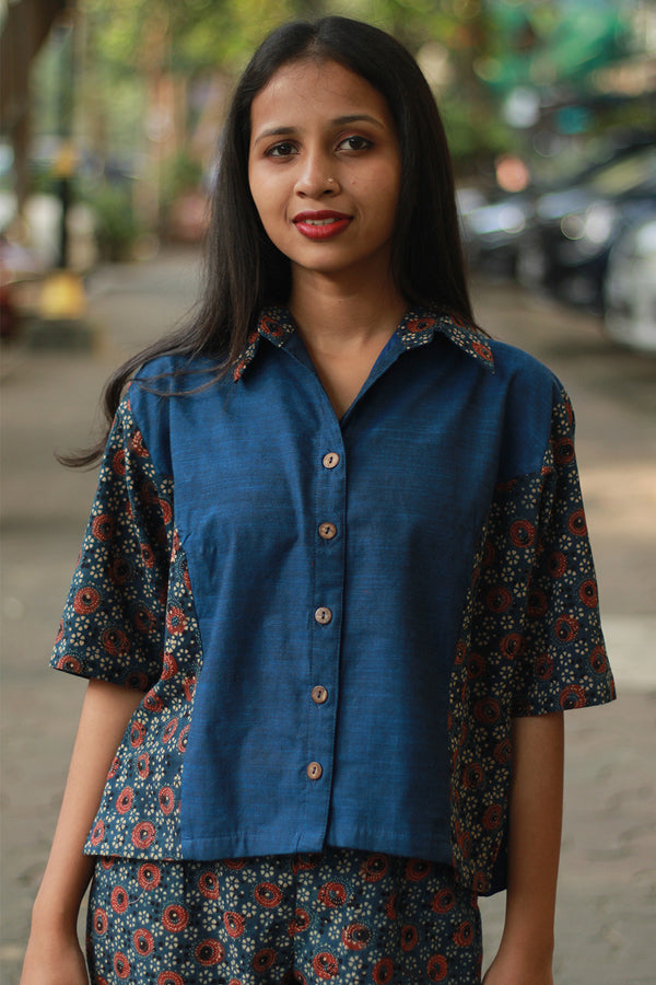 Cropped Shirt /  Blouse with Mirrorwork | Blue