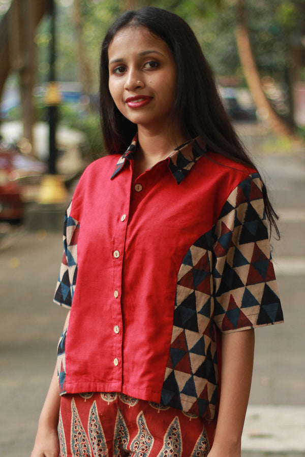 Cropped Shirt /  Blouse with Mirrorwork | Rouge