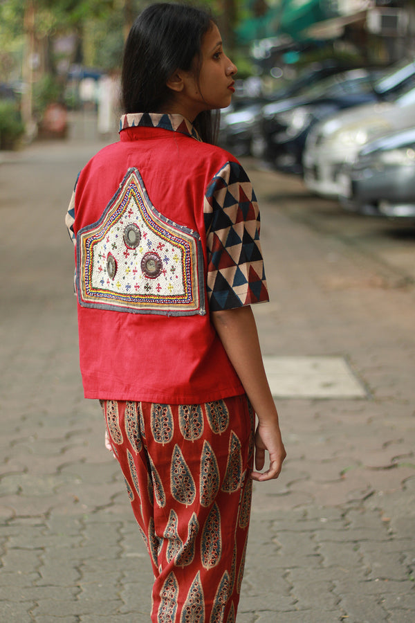 Cropped Shirt /  Blouse with Mirrorwork | Rouge