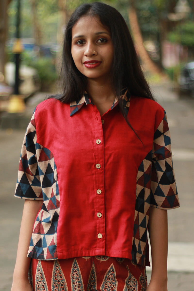Cropped Shirt /  Blouse with Mirrorwork | Rouge