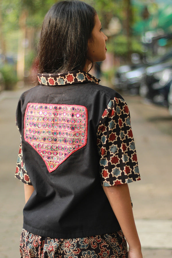 Cropped Shirt /  Blouse with Mirrorwork | Noir