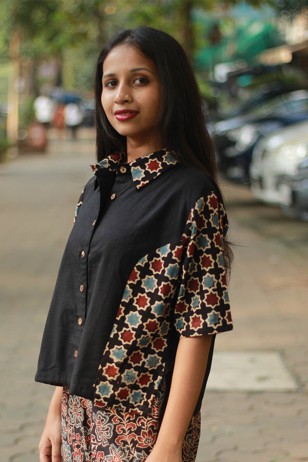 Cropped Shirt /  Blouse with Mirrorwork | Noir