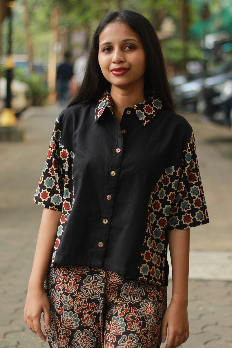 Cropped Shirt /  Blouse with Mirrorwork | Noir