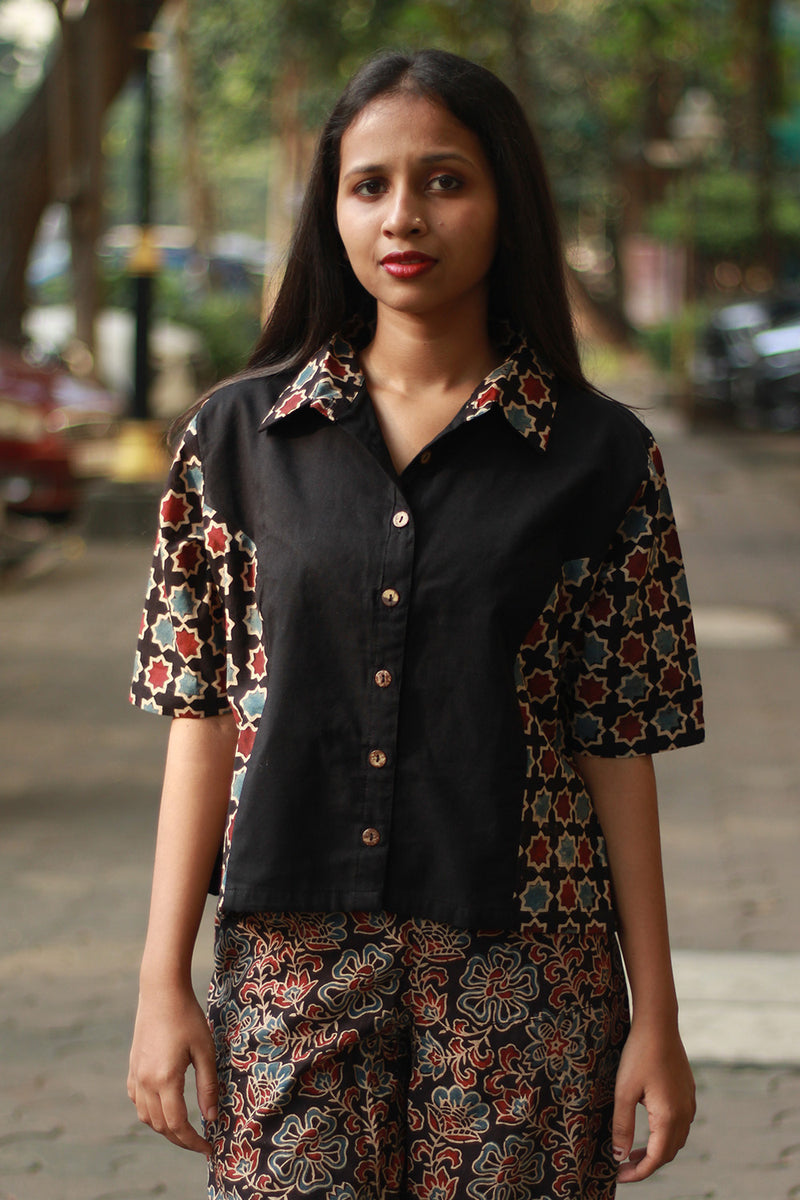 Cropped Shirt /  Blouse with Mirrorwork | Noir